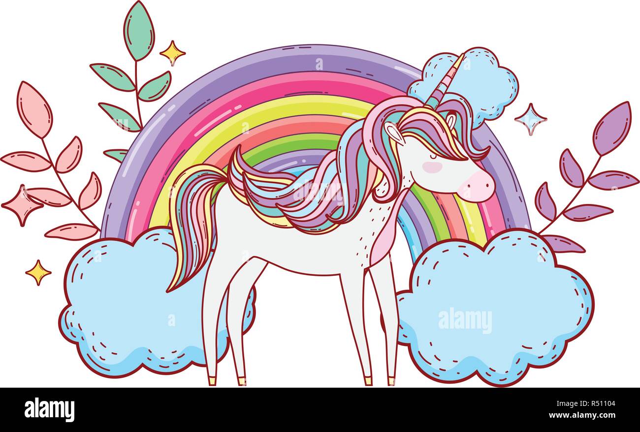 cute unicorn with clouds and rainbow vector illustration design Stock ...