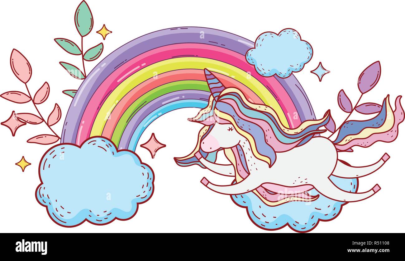 cute unicorn with clouds and rainbow vector illustration design Stock ...