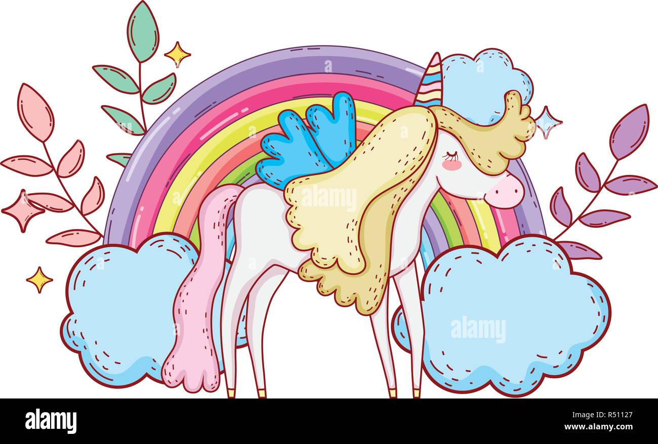 cute unicorn with clouds and rainbow vector illustration design Stock ...