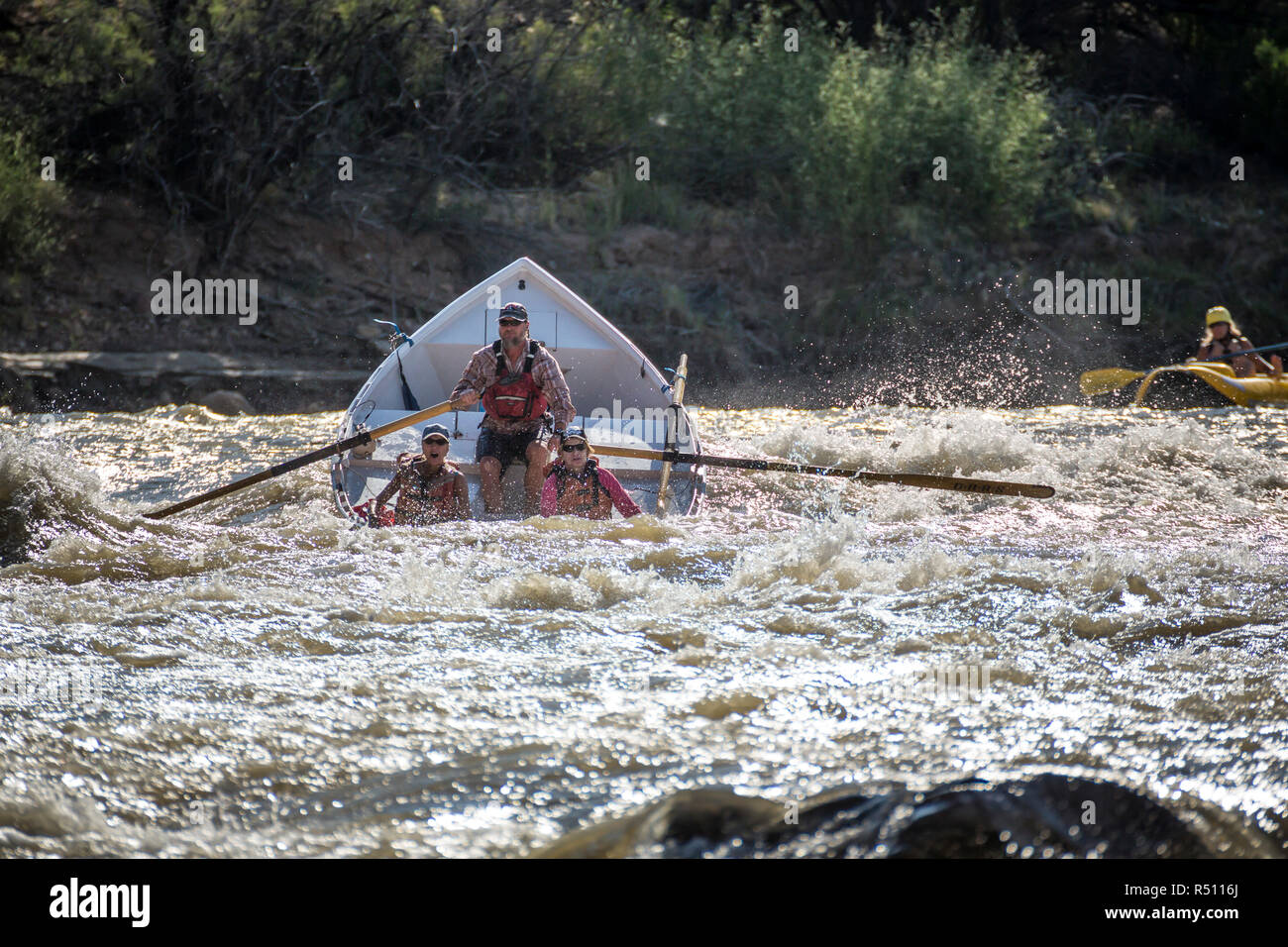 A Dory boat going through rapids in the Desolation/Gray Canyon section