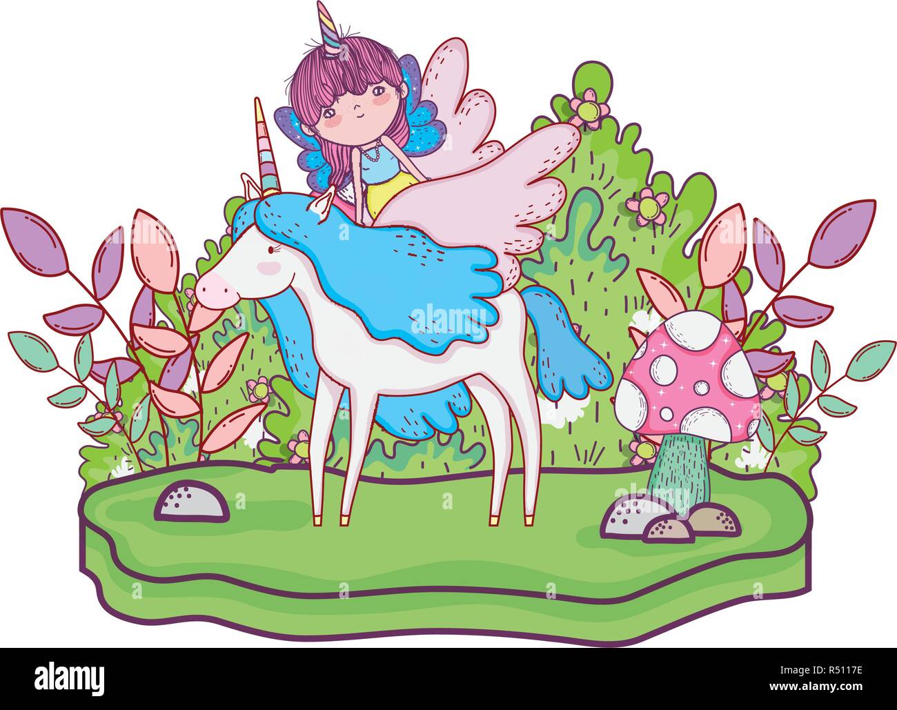 unicorn and fairy in the landscape vector illustration design Stock ...