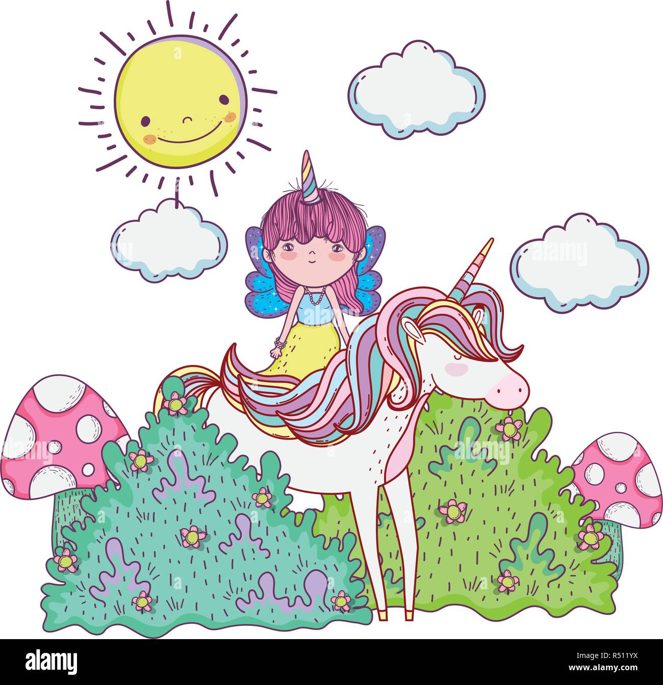 unicorn and fairy in the landscape vector illustration design Stock ...