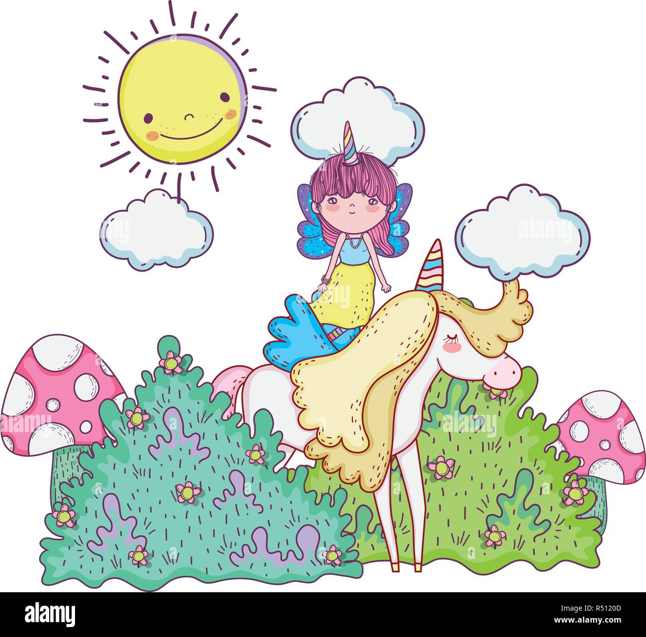 unicorn and fairy in the landscape vector illustration design Stock ...