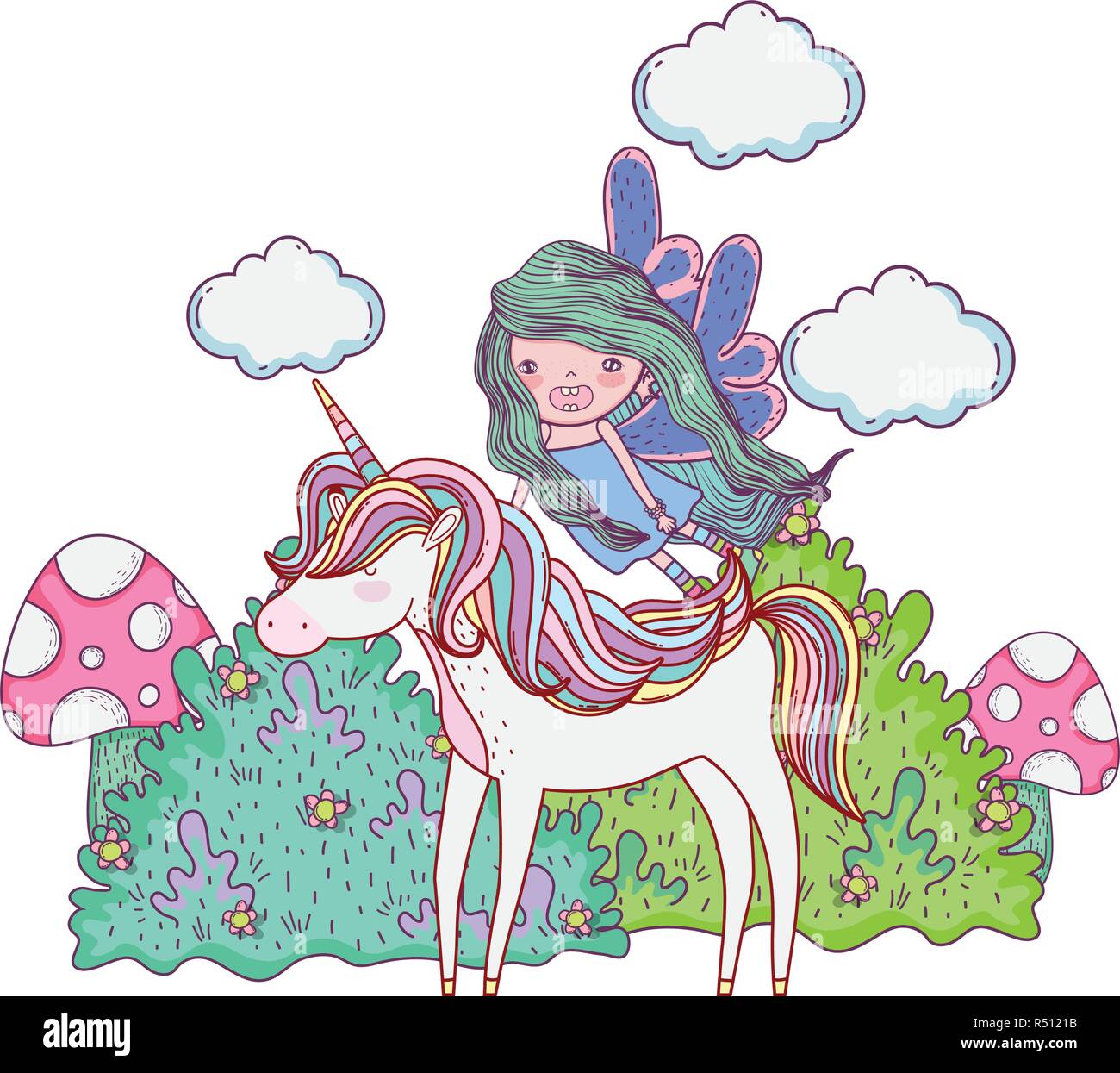 unicorn and fairy in the landscape vector illustration design Stock ...