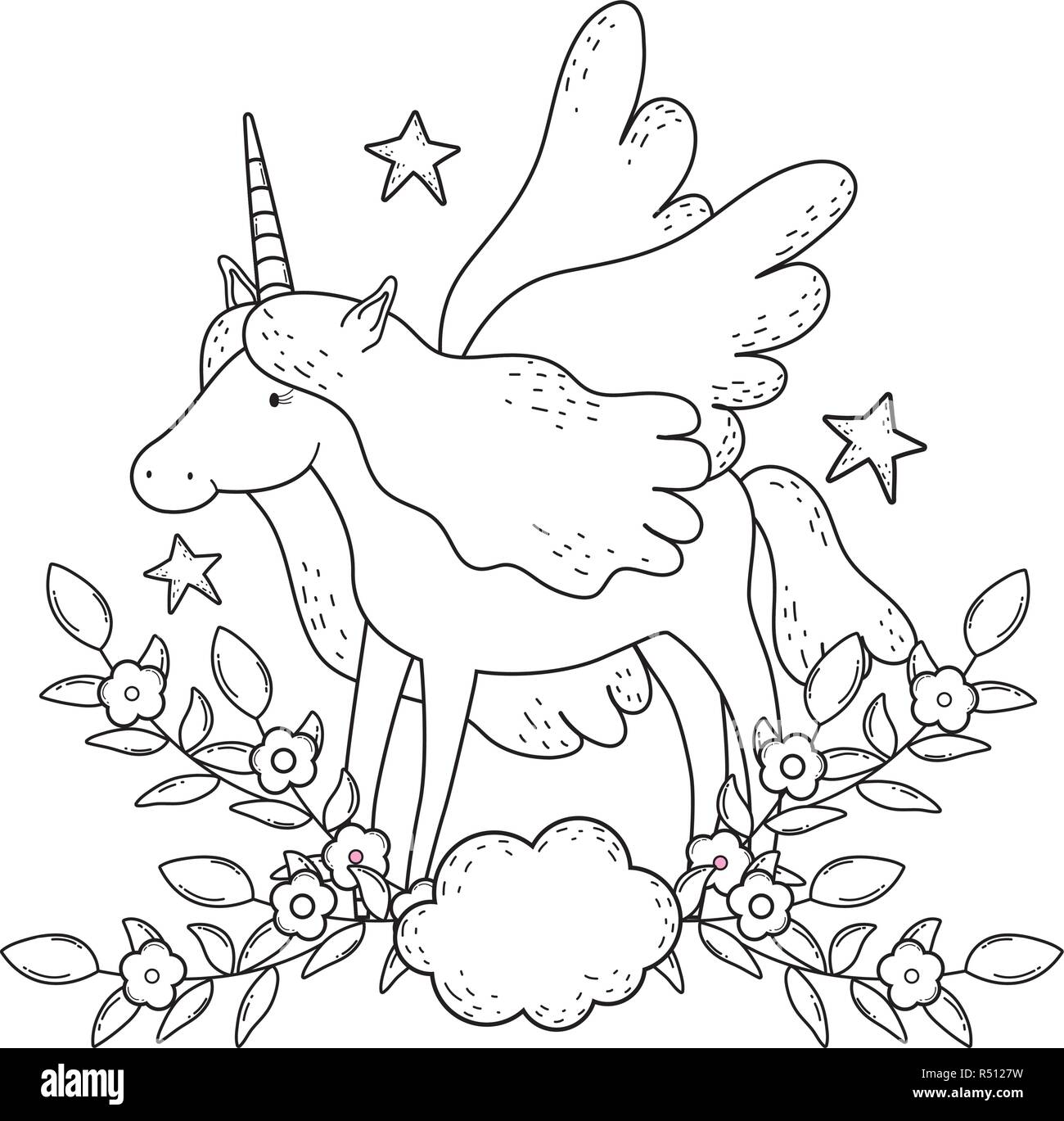 Cute Fairytale Unicorn In The Garden Vector Illustration Design
