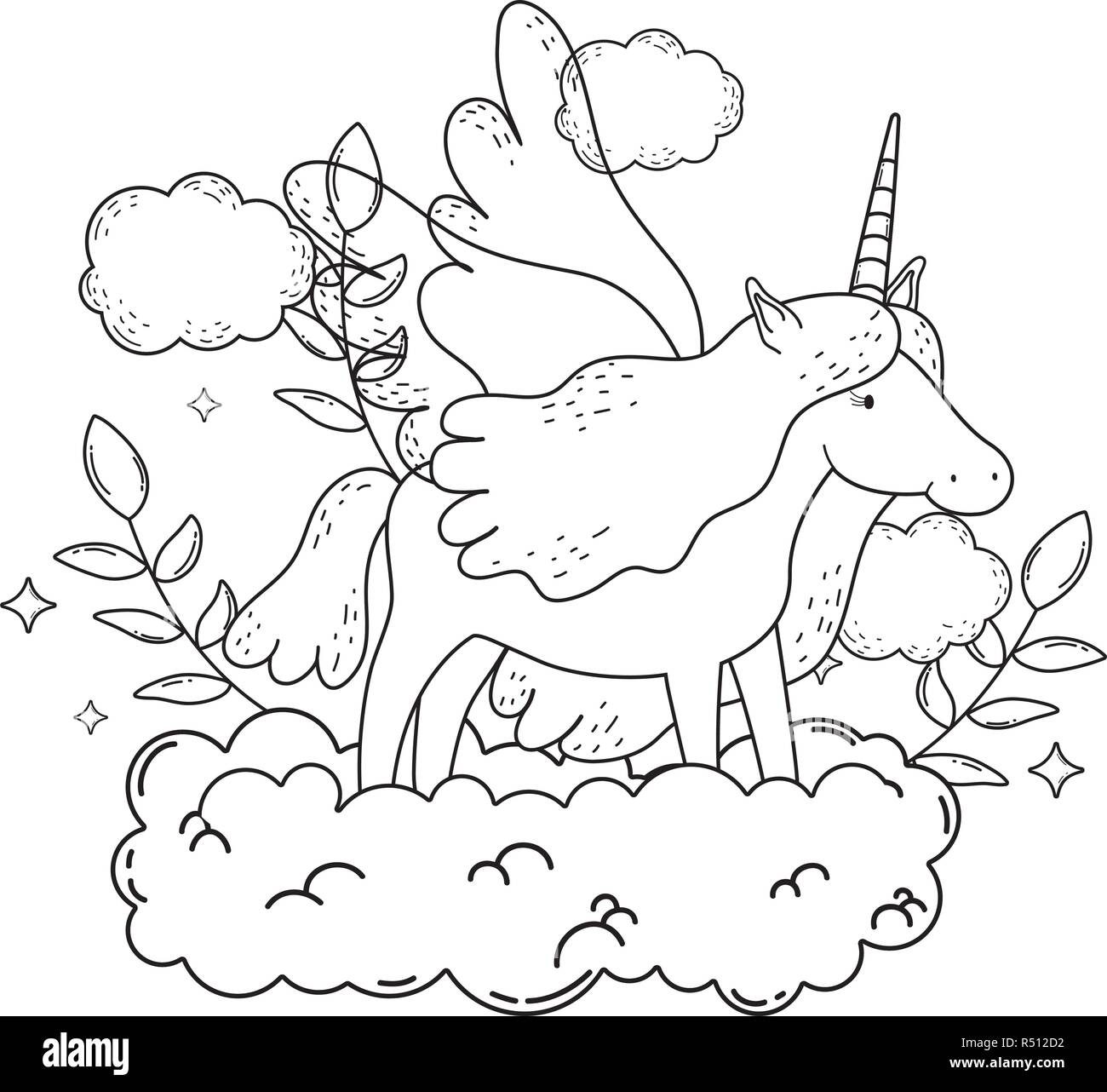 cute fairytale unicorn with clouds vector illustration design Stock ...