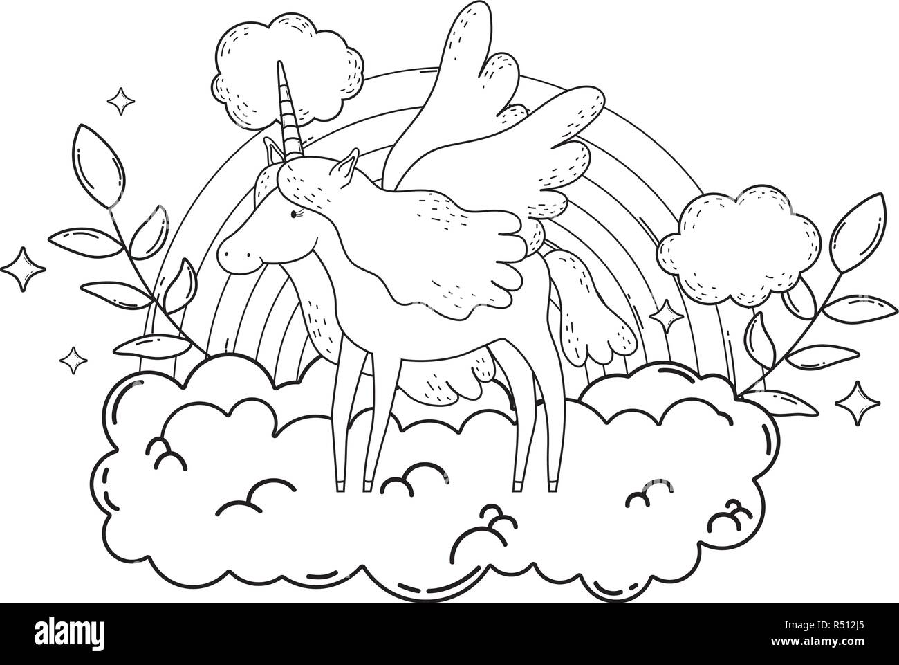 cute unicorn with clouds and rainbow vector illustration design Stock ...