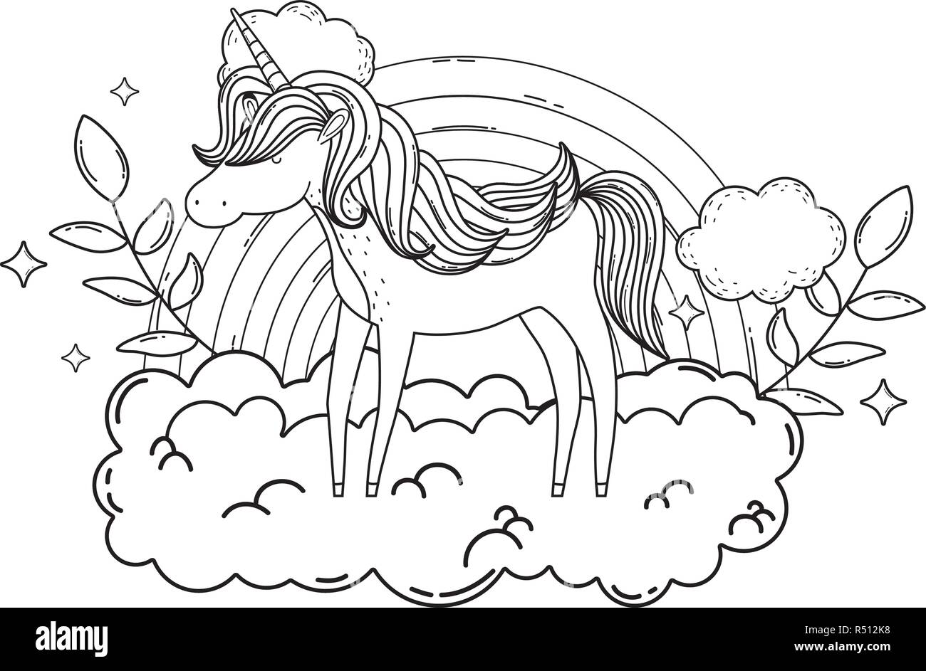 cute unicorn with clouds and rainbow vector illustration design Stock ...