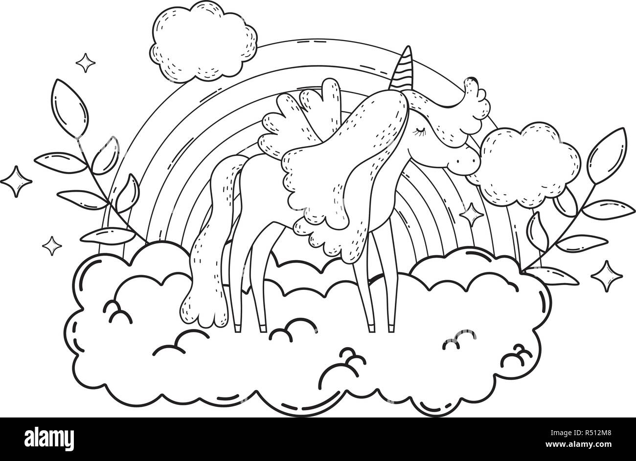 cute unicorn with clouds and rainbow vector illustration design Stock ...