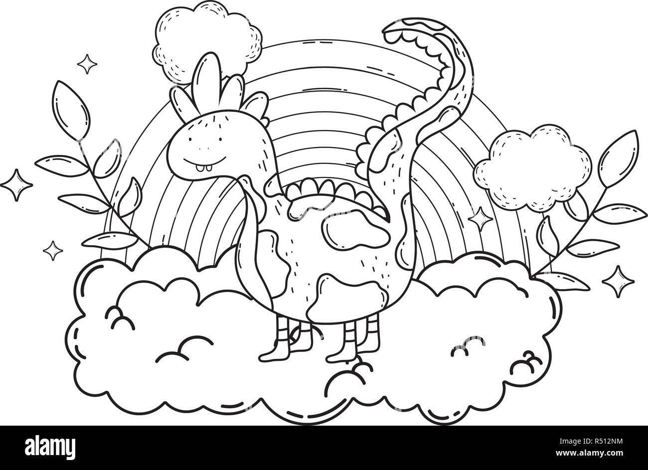 fairytale dinosaur with rainbow in cloud vector illustration design ...