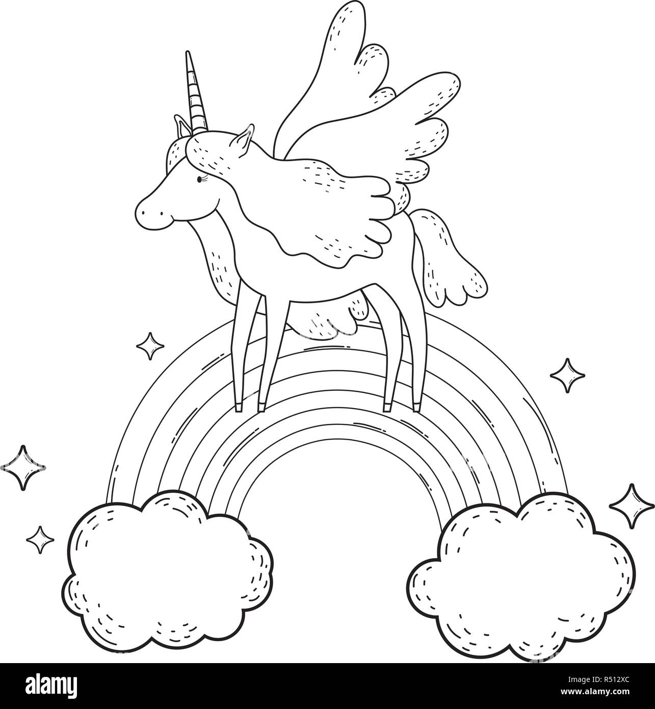 cute unicorn with clouds and rainbow Stock Vector