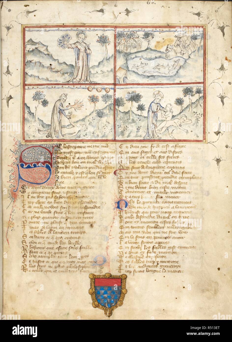 Biblical and mythological creation scenes: top left, God shapes the world from Chaos; top right, the creation of animals, birds and fish; bottom left, Prometheus animates man with a spark of divine fire; bottom left, God fashions Eve from Adam's rib. Metamorphoses. 15th century. Source: Add. 10324, f.1. Language: French. Author: Ovid, (Publius Ovidius Naso). Stock Photo