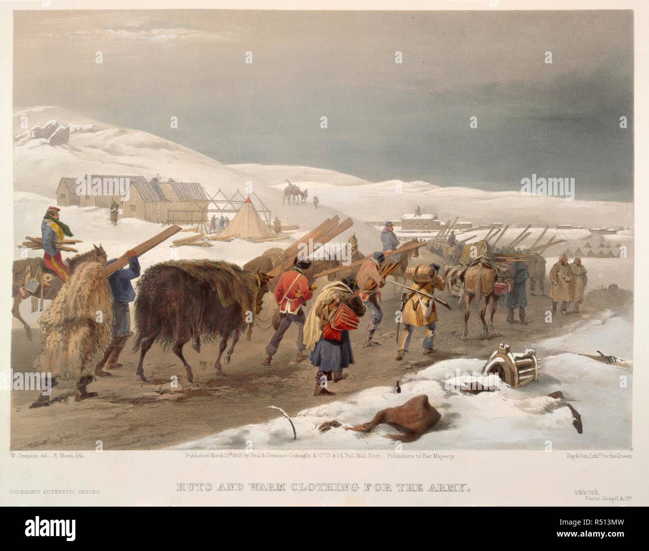Army supplies. The Seat of War in the East. [Lithographed plates,. P & D Colnaghi & Co., London, 1855, 1856. Huts and warm clothing for the army'. A winter camp during the Crimean war.  Image taken from The Seat of War in the East. [Lithographed plates, illustrating the Crimean War.].  Originally published/produced in P & D Colnaghi & Co., London, 1855, 1856. . Source: 1780.c.6, XVI. Language: English. Author: SIMPSON, WILLIAM. WALKER E. Stock Photo