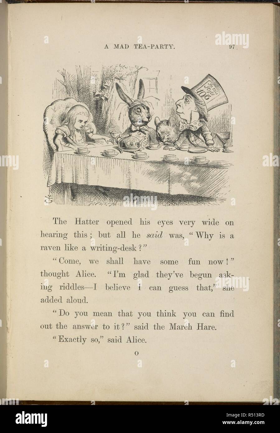 Alice at the Mad Hatter's tea party. Alice's Adventures in Wonderland. With forty-two illustrations by John Tenniel. London : Macmillan & Co., 1866 [1865]. Source: C.59.g.11 page 97. Stock Photo