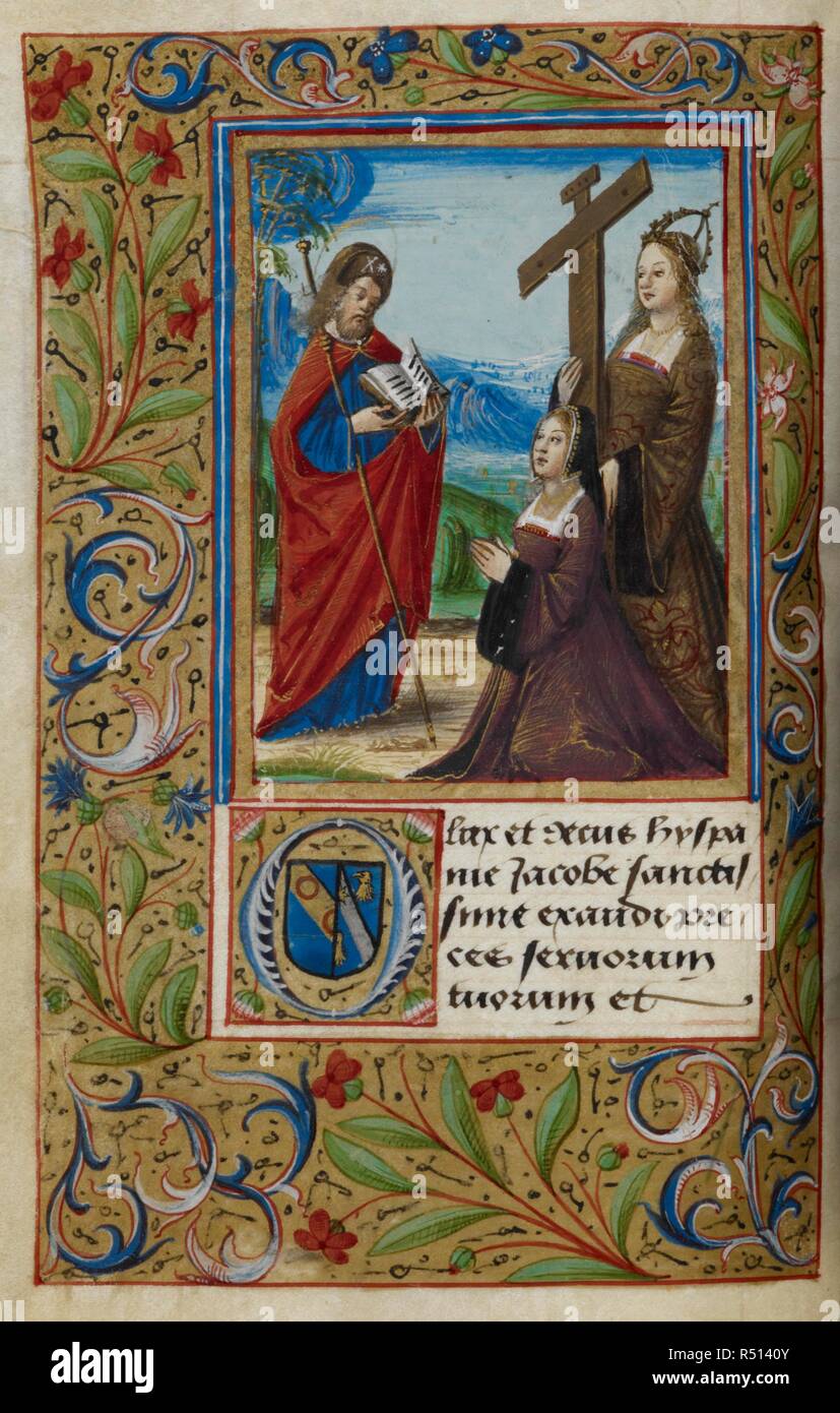 Miniature of Jacqueline Macheco, in prayer before James, and with empress Helena standing behind her with the Cross; decorated initial 'O'(lax) including her coat of arms, and foliate borders, at the beginning of the suffrage to James. France, N. E. (Dijon); 1520. Source: Harley 3181, f.23v. Language: Latin. Stock Photo