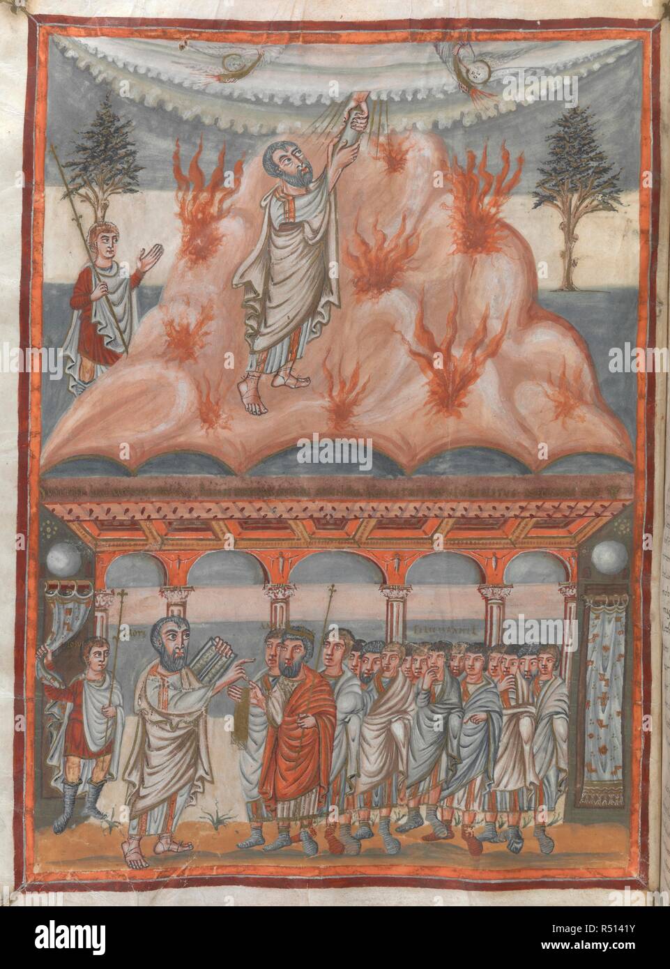 Miniature in two registers: Moses receiving the tablets of law; Moses addressing Aaron and the Israelites (Exodus). Moutier-Grandval Bible. Tours [St Martin]; circa 834-843. Source: Add. 10546, f.25v. Language: Latin. Author: ANON. Stock Photo