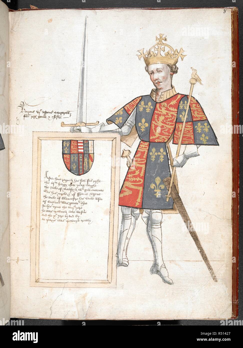 Coloured drawing of an English king in armour and tabard (Henry VI), presenting a plaque with verses. Sir Thomas Holme's Book of Arms: anonymous verses on the kings of England ... (Part 1 folios 1 to 8). England, S. E. (probably London); c. 1445-c. 1450. Numerous coloured drawings of English kings in armour and tabard, presenting a plaque with verses. Source: Harley 4205 f.8. Language: English. Gothic cursive. Stock Photo