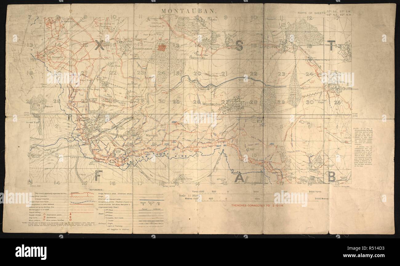 Trench map, Montauban. A section of the front on the first day of the Somme. 'This particular map was prepared for the 1 July offensive, for the section or platoon commanders in 30th Division battalions on the extreme right of the British attack.' ... The overprinted red trenches are German; the British trenches were not added in case the maps fell into enemy hands. Southampton: Ordnance Survey, 1916. Sheet 37 x 63 cm. scalw 1;20 000. Source: Maps RUSI B.587. Stock Photo