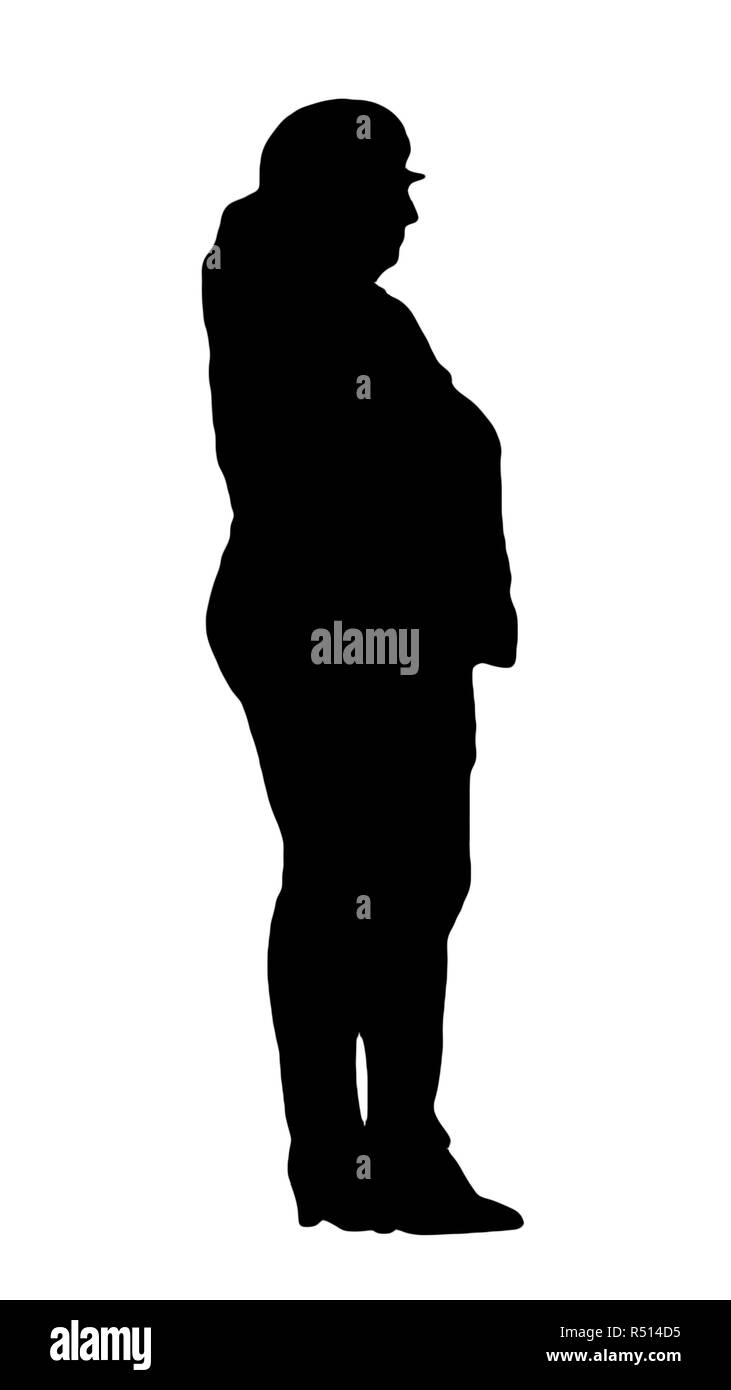 Black silhouette of an adult and fat woman standing sideways and holding hands in his trouser pockets. Isolated on white background Stock Photo
