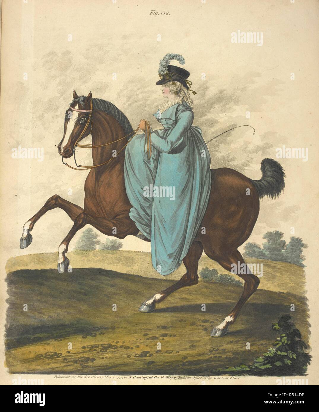 'Hyde Park, Riding Dress.' 'The front hair combed plain; the sides and hind hair in ringlets. Black beaver hat, with a gold band and tassels; round blue ostrich feather placed in the front of the hat. Riding dress of blue cloth. Double plaiting of Valenciennes lace round the neck. Large gold hoop ear-ring. York tan gloves. Purple Spanish leather shoes.'. Gallery of Fashion. [London], 1794-1802. Original descriptions of the plates from the book, abbreviated in some cases. Source: C.106.k.16, May 1797, figure 138. Stock Photo