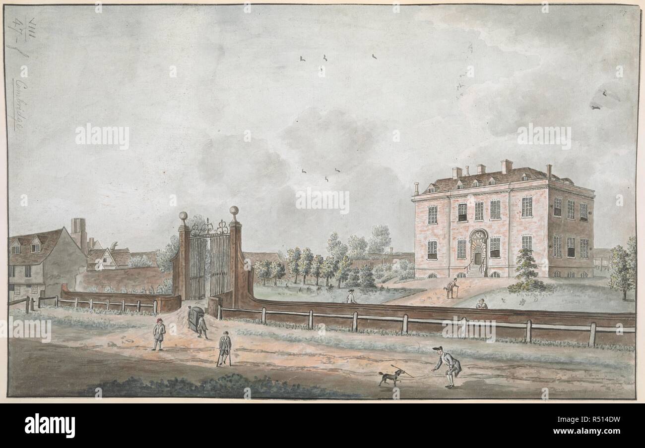 Figures and a dog standing on Trumpington Street, Cambridge, in front