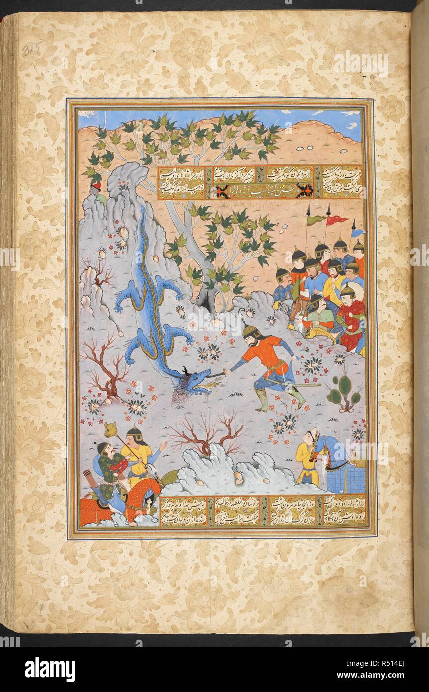 Gushtasp fighting the dragon. Shahnama of Firdawsi, with 56 miniatures. 1580 - 1600. Source: I.O. ISLAMIC 3540, f.315. Language: Persian. Stock Photo