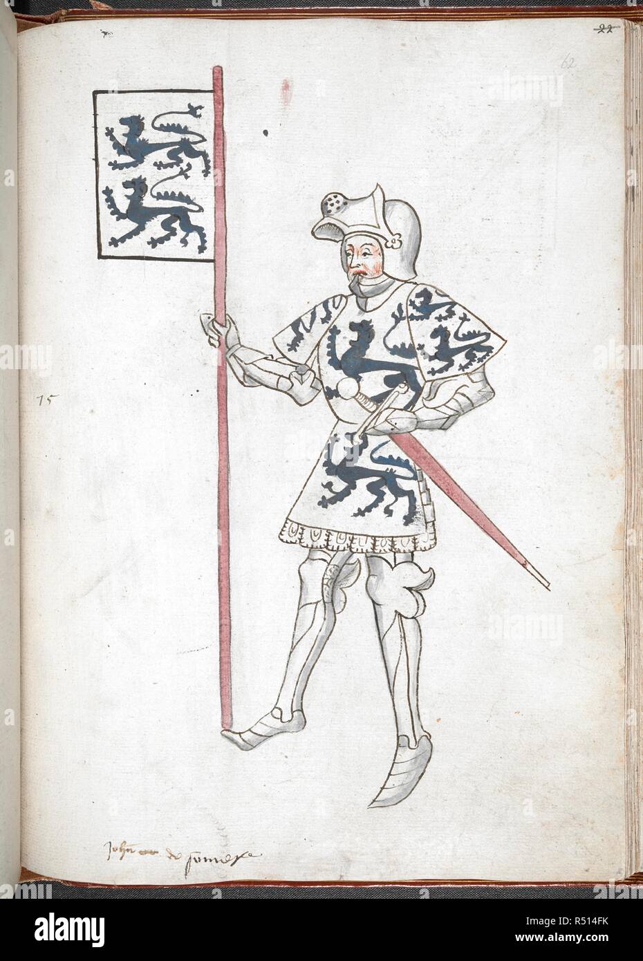 Coloured drawing of a knight in armour and tabard. Legh's Men of Arms (manuscript also known as Sir Thomas Holme's Book of Arms). England, S. E. (probably London). Last quarter of the 15th century or 1st quarter of the 16th century. Source: Harley 4205 f.62. Language: French (names of the knights). Gothic cursive. Author: Legh, Roger. Stock Photo