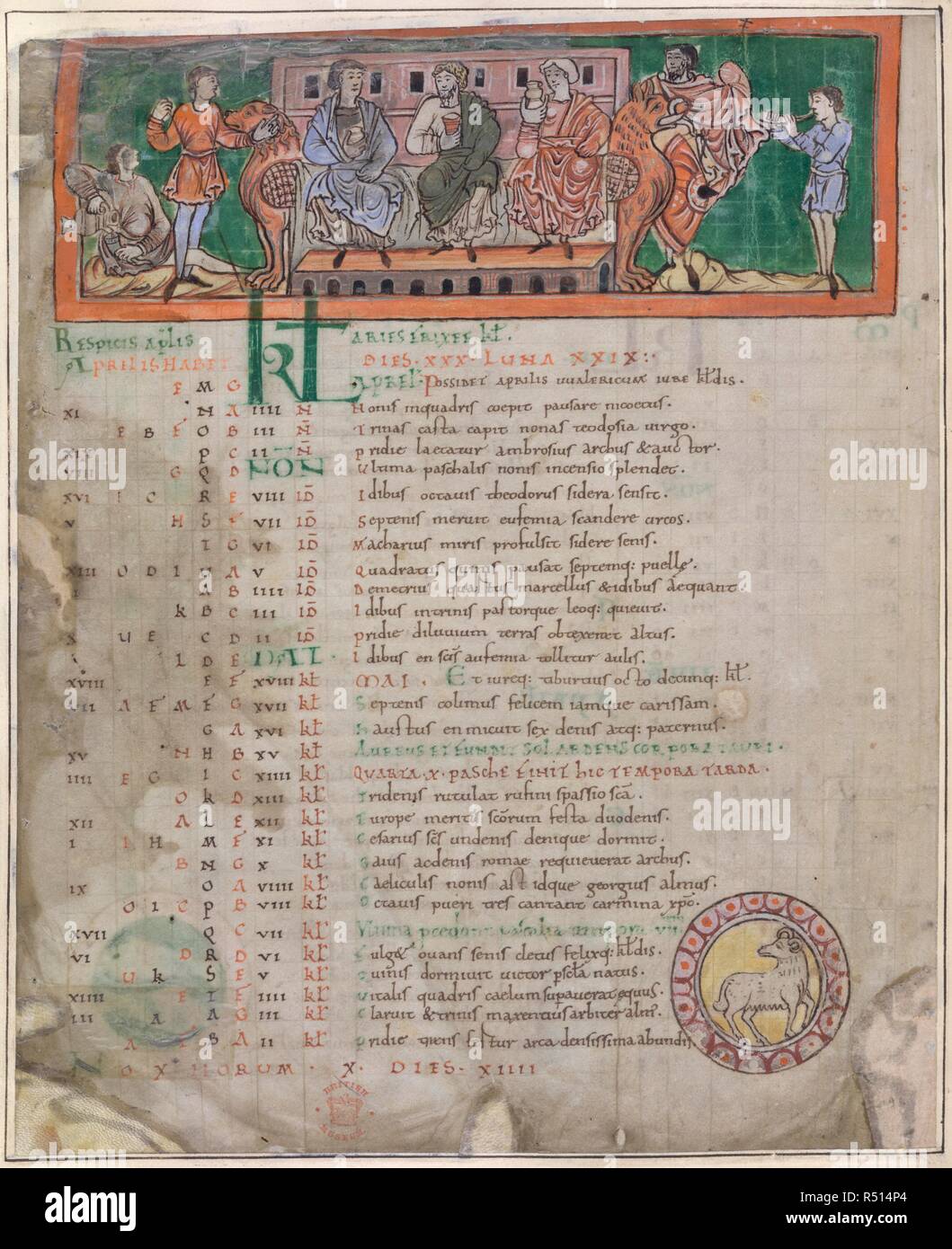Feasting. Anglo-Saxon Calendar. England [Winchester?]; second quarter of 11th cent. [Whole folio] Calendar page for April. Three men drinking, on a bench with monster seat-ends. Four other men look on; on left, one pouring wine from a jug into a drinking horn, and one holding a spear; on right, one with a shield, and another blowing a horn  Image taken from Anglo-Saxon Calendar.  Originally published/produced in England [Winchester?]; second quarter of 11th century. . Source: Cotton Tiberius B. V, Part 1, f.4v. Language: Latin. Stock Photo
