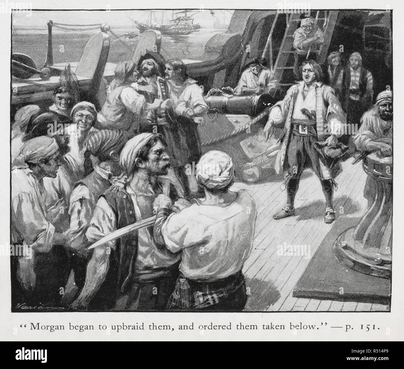 'Morgan began to upbraid them, and ordered them taken below'. Captain Henry Morgan, the pirate, addressing his crew. Buccaneers and Pirates of our Coasts ... New York, 1898. Source: 9770.aa.8, opposite page 151. Author: Stockton, Frank Richard. Varian, G. Stock Photo