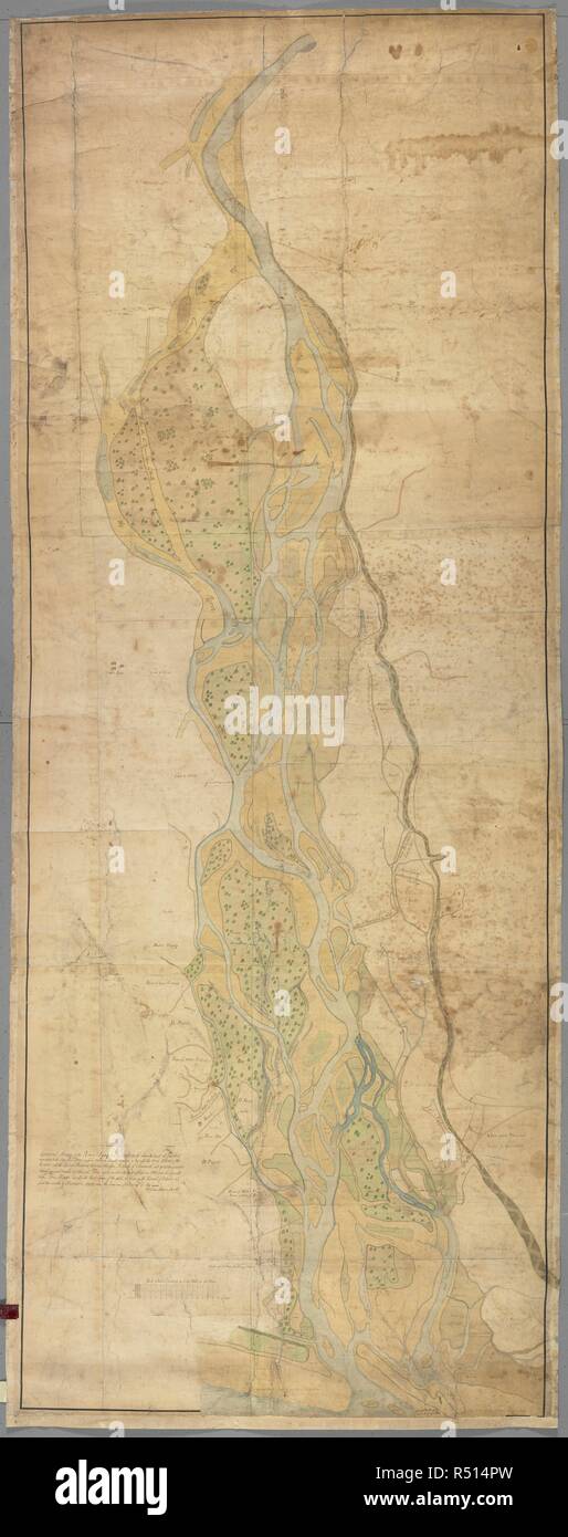 A map of the River Spey. General Mapp of the River=Spey from the Reid-rock above the Boat att Focaber downward to the Sea being four measured miles in length. : Wherein is Expresst the Main Alvis of the River with the different Strims that run therefrom, Banks of Channel, and green=ground whereof some part arrable, and others not, Those parts mark'd with the Bushes are whins and of a small value, this Mapp expresses the Exact figure of the whole, as it was in the last week of October and first two weeks of November 1732, when the same was Survey'd / by William Adam Arch.t. [Scotland?] : by Wil Stock Photo