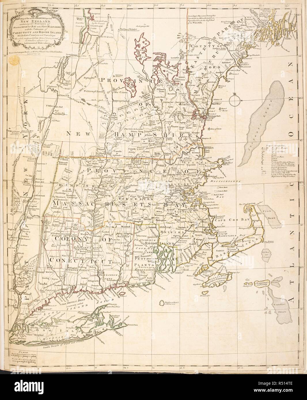 A map of New England. A Map of the most INHABITED parts of NEW ENGLAND, containing the Provinces of MASSACHUSETS BAY and NEW HAMPSHIRE, with the Colonies of CONECTICUT AND RHODE ISLAND, divided into Counties and Townships: The whole composed from Actual Surveys and its Situation adjusted by Astronomical Observations. [London] : Printed for Carington Bowles at at No. 69 in St. Pauls ChurchYard London, publish'd 1st Jany. 1771. Source: Maps K.Top.120.17. Language: English. Stock Photo