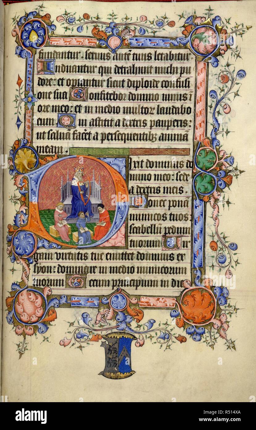 Psalter. End of Psalm 108. Psalm 109, beginning with initial 'D', David  enthroned, playing the harp, with three scholars writing. Decorative border  with scrolled leaf design. Lower margin; arms of Sir William