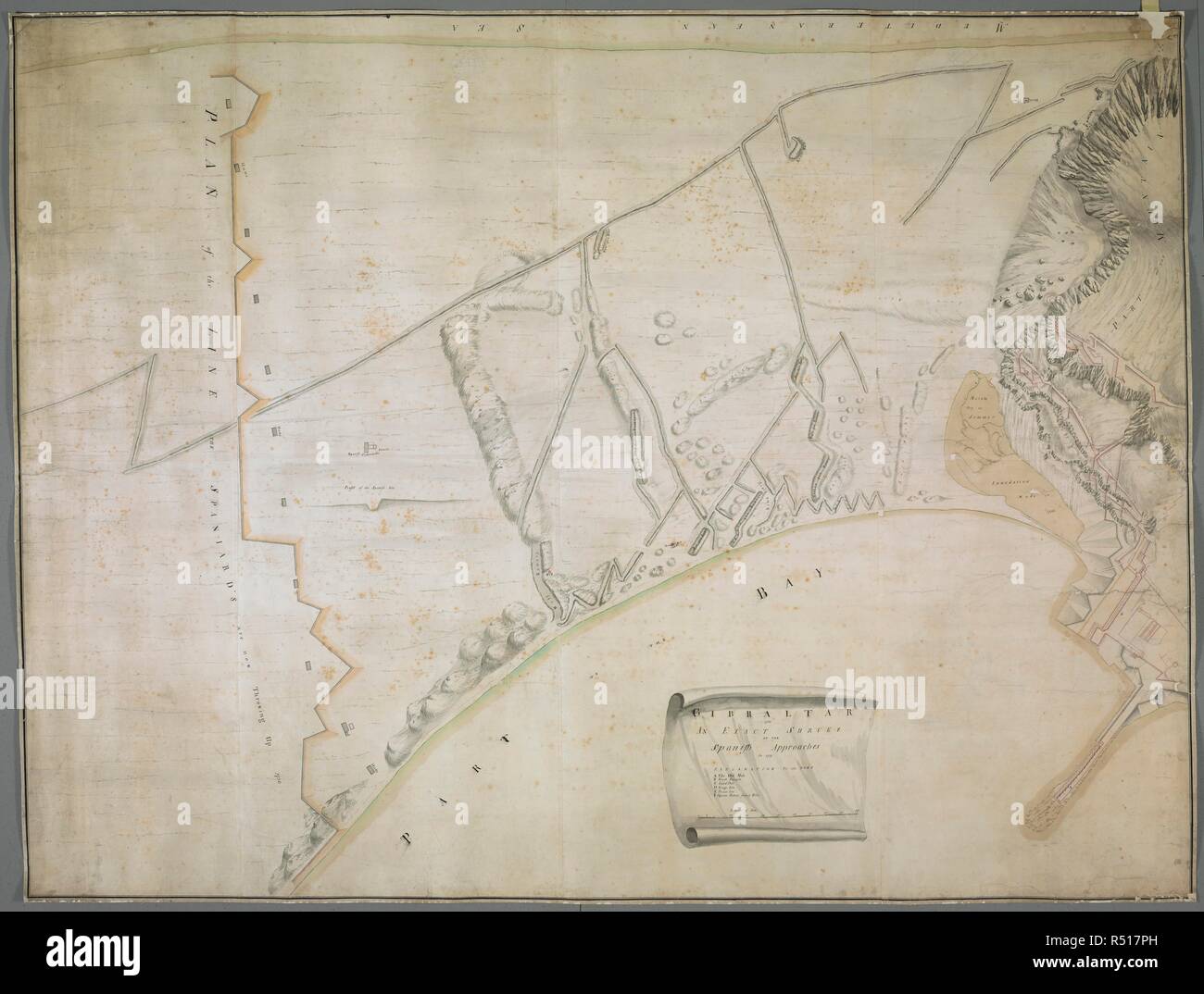 This Map Includes The North Front Of Gibraltar From An Outline Of The   This Map Includes The North Front Of Gibraltar From An Outline Of The Spanish Lines To The Old Mole A With Grand Battery North Polygon B Land Port C Kings Battery Kings Line D Queens Battery And Devils Tower Gibraltar 1730 An Exact Survey Of The Spanish Approaches In 1727 Gibraltar Jonas Moore About 1730 Source Maps Ktop724211tabend Language English R517PH 