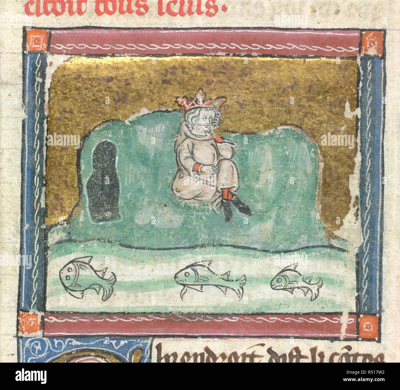 A king sits by a river. L'Estoire del Saint Graal. Beginning of the xivth century. Image taken from L'Estoire del Saint Graal. Source: Add. 10292, f.22v. Language: French. Stock Photo