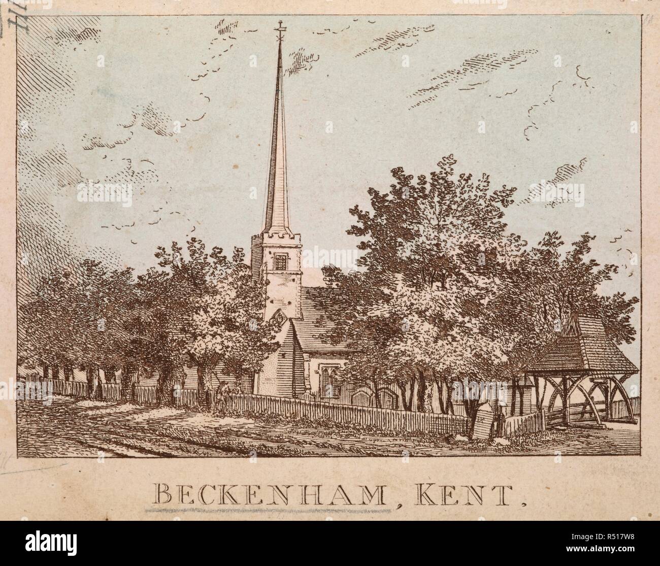 A view of a church, possibly St. George's before it was rebuilt, in Beckenham; trees in front . BECKENHAM, KENT. [London] : [Drawn & Etch'd by I. T. Smith & Pubd. April 5, 1793 by Nathl. Smith Ancient Printseller Rembrandts Head Gt. Mays Buildings, St. Martins Lane, London - Where may be seen an extensive Collection of English Portraits arranged in Alphabetical order, likewise Etchings by & from all Masters], [April 5 1793]. Etching with blue wash. Source: Maps K.Top.18.4.a. Language: English. Stock Photo