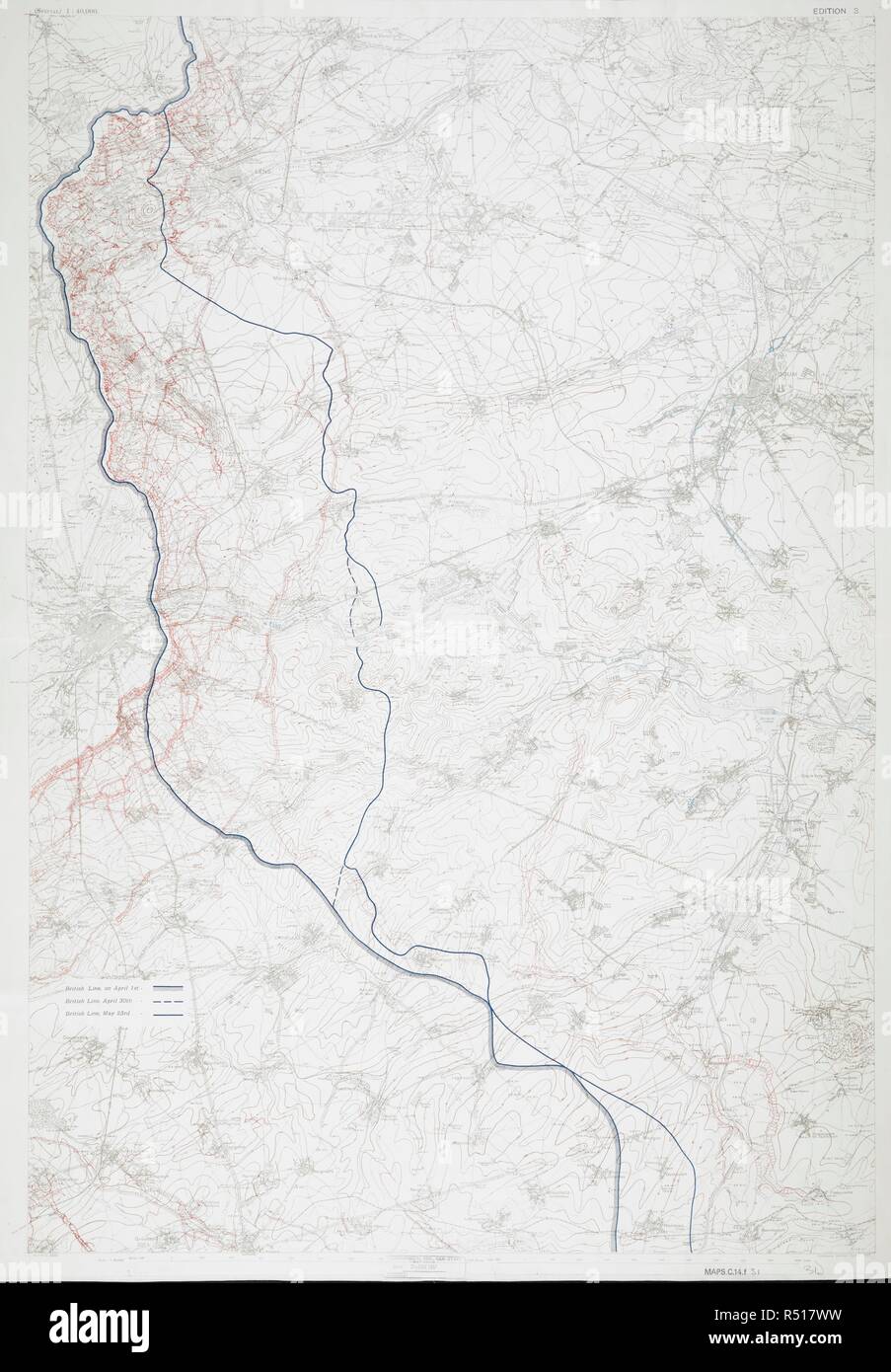 First World Map covering Loos; Givenchy; Vimy; Boclincourt; Arras; Bullecourt; Doignes; Demicourt and Hermies. Stamped '25 May 1917'. [Map of Arras District. Special Trench Maps.]. 710 x 1040 mm.; Scale 1: 40 000. Source: Maps.c.14.f.31. Stock Photo