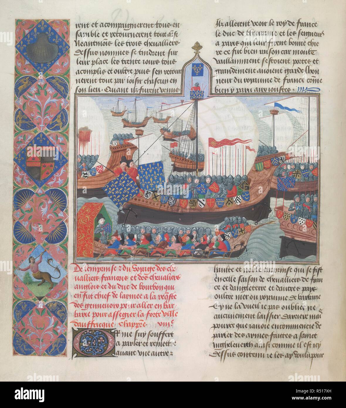 Expedition to Barbary. Chroniques, Vol. IV, part 1 (the 'Harley Froissart'). (Froissart's Chronicles). S. Netherlands [Bruges]; 1470-1475. [Whole folio] Expedition of the French and Genoese to Barbary. The soldiers in the ships with the heraldic shields. Text with decorated initial 'O'. Border decoration, including a centaur and heraldic shield  Image taken from Froissart's Chronicles (Volume IV, part 1).  Originally published/produced in S. Netherlands [Bruges]; 1470-1475. . Source: Harley 4379, f.60v. Language: French. Author: FROISSART, JEAN. Stock Photo