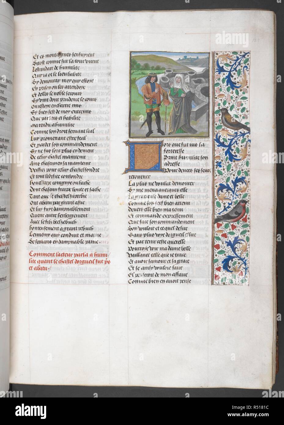 A miniature of the author, Jean de Courcy, and Humility with the ruins of the Castle of Pride, following a rubric, 'Comment l'acteur parla a humilite quant le chastel d'orgueil fut pris et abatu'. Le chemin de Vaillance, and other texts. Netherlands, S. (Bruges); last quarter of the 15th century, before 1483. Source: Royal 14 E. II, f.123. Language: French. Stock Photo