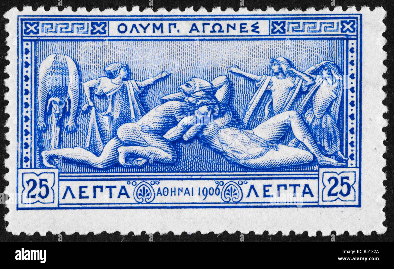 Hercules and Antaeus. Greece 1906 Olympic Games 25 lepta, unused . (The UPU Collection). 1906. Language: Greek. Stock Photo