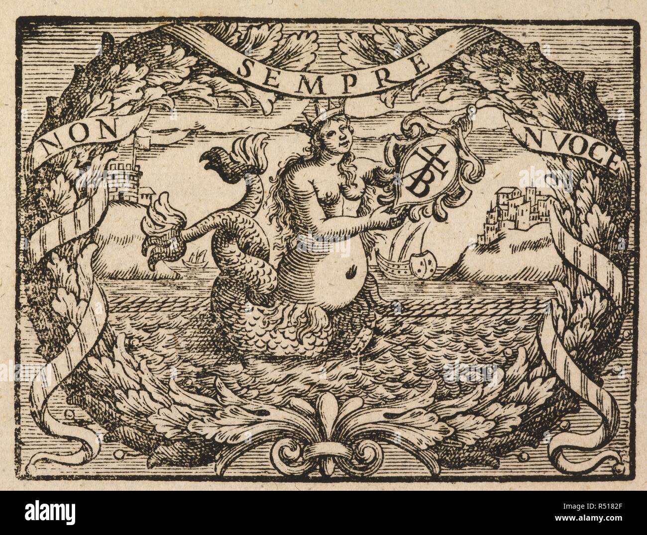 Engraving showing a mermaid wreathed with flowers and mottoes. . Observationes ... ad decisiones S. R. C. Parthenopæi Libri primi (secundi) H. Capycii Latro, etc. (De Sepulturis et Cadaverum Translatione opusculum ... a D. Manfrella Musettula ... contextum.). Naples, Neapoli, 1681, 82. Source: 1575/476 frontispiece. Language: Latin. Author: Manfrella, Dominicus. Stock Photo