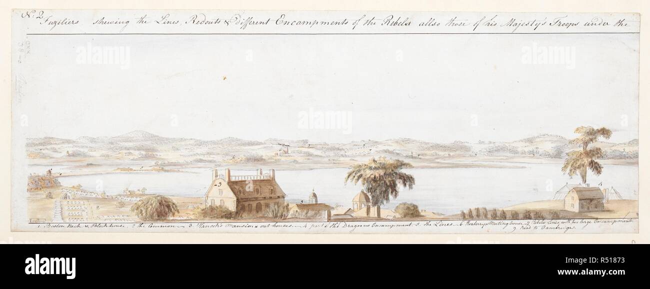 A view from Boston looking south-west, with the Common and John Hancock's mansion near the Dragoons' camp in the foreground, and the Boston Neck isthmus, the enemy lines, Roxbury Meeting House and the road to Cambridge seen across Charles River in the background. View of the country round Boston taken from Beacon hill. 1775. Source: Maps K.Top.120.38.c. Language: English. Stock Photo