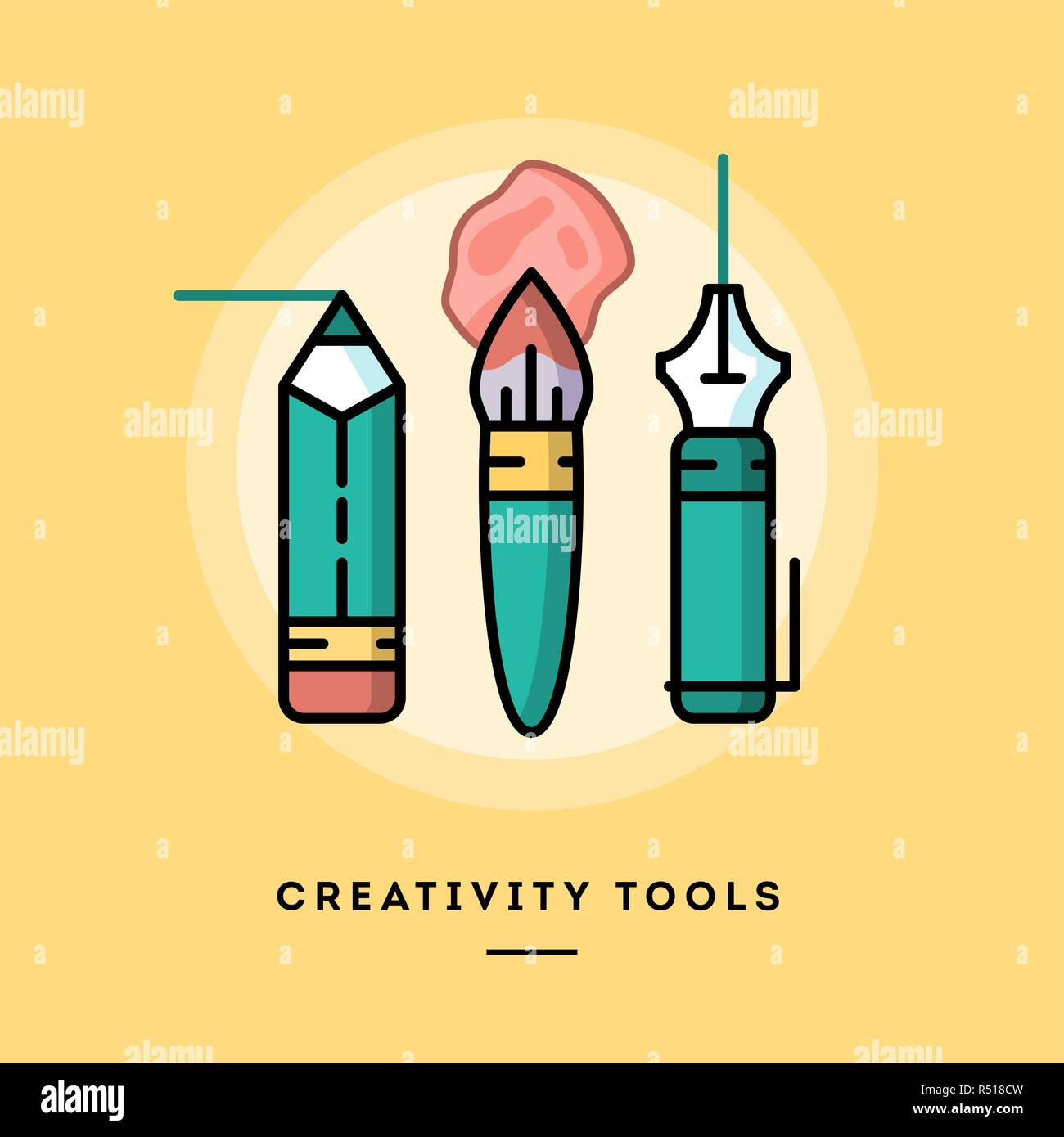 Set of pencil, paintbrush and fountain pen, flat design line banner