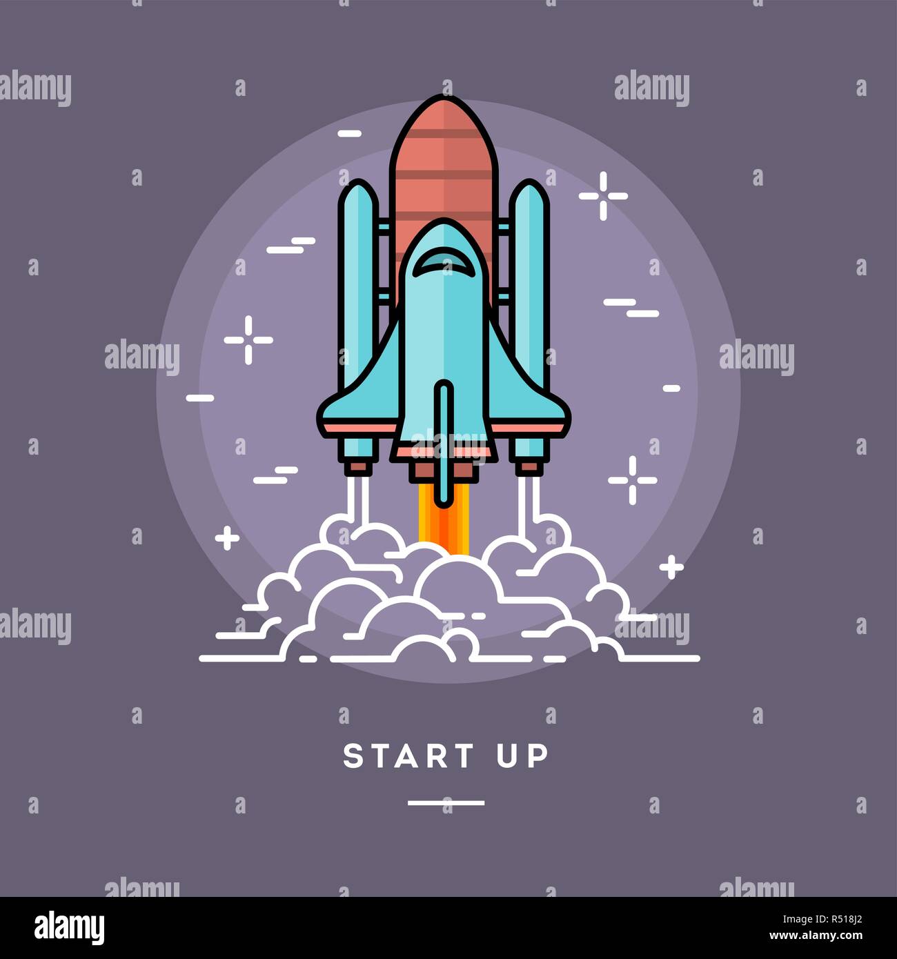 Rocket launching as a metaphor for start up business, line flat design