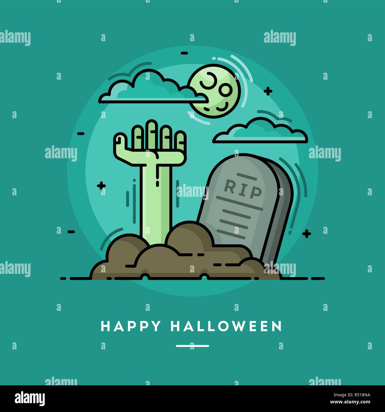 Zombie hand in cemetery, flat design thin line Halloween banner Stock Vector