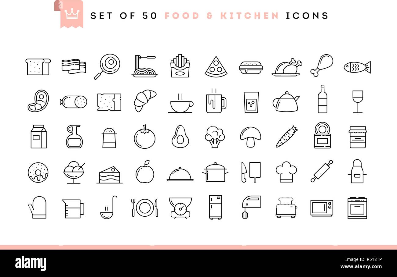 Set of 50 food and kitchen icons, thin line style Stock Vector Image ...