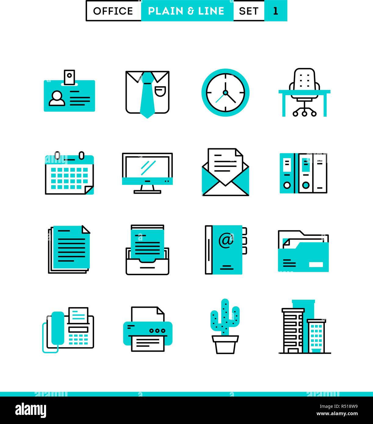 Office things, plain and line icons set, flat design Stock Vector