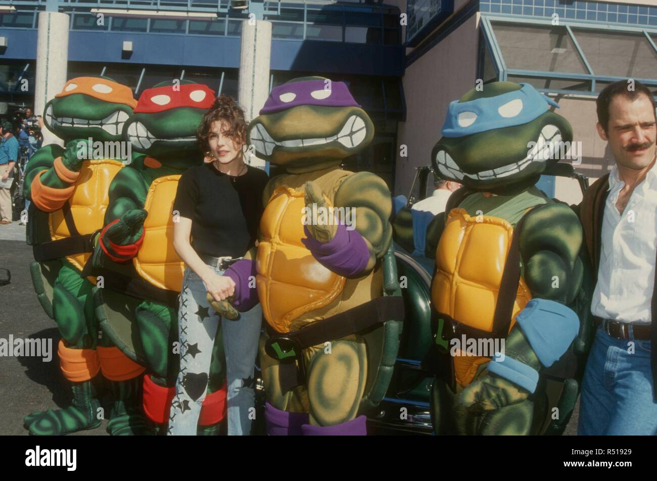 UNIVERSAL CITY, CA - MARCH 6: Actress Paige Turco and actor Elias Koteas attend 'Teenage Mutant Ninja Turtles III' Premiere on March 6, 1993 at Cineplex Odeon Cinema in Universal City, California. Photo by Barry King/Alamy Stock Photo Stock Photo