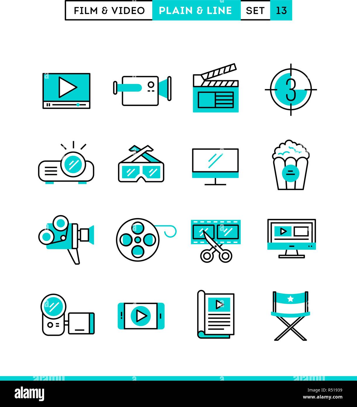Film, video, shooting, editing and more. Plain and line icons set, flat design Stock Vector