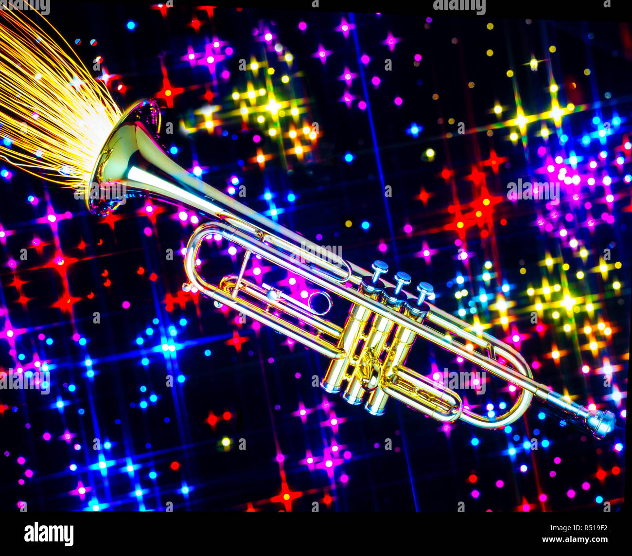 Brass Horn Trumpet Shooting Sparks Stock Photo