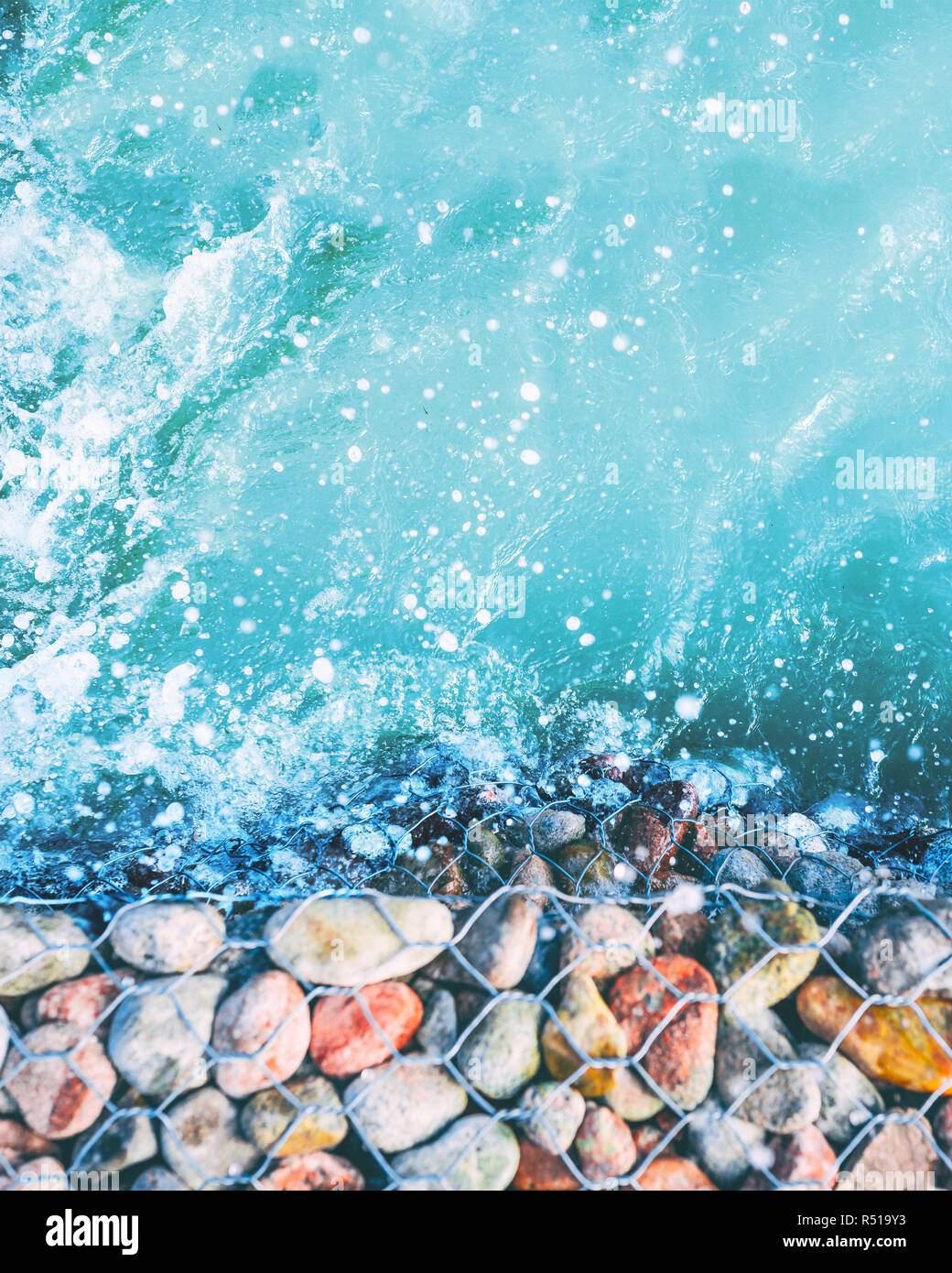 Sea Aerial view. Aerial top view of sea waves hitting rocks on the ...